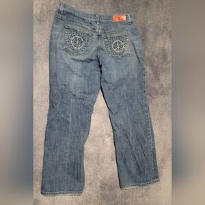 BeBert La Rouge Peace Sign Rhinestone Denim Straight Blue Jeans Womens Size 18